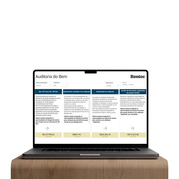 A imagem indica a auditoria health analytics realizada pela bentec, indicando possibilidades de economia no plano de saúde